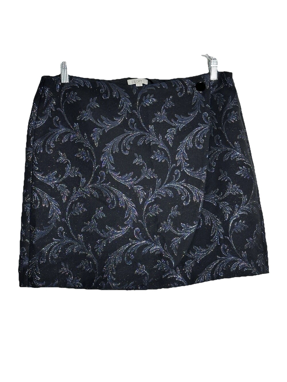 LOFT Women’s 14 Black Blue Silver Metallic Leaf Pattern Top Lined Shimmer Skirt